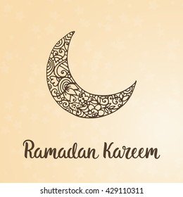 Ramadan Kareem theme. Vector card with moon and lettering. Hand drawn illustration with crescent.