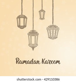 Ramadan Kareem theme. Vector card with flashlights and lettering. Hand drawn illustration with lamps.