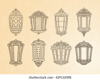 Ramadan Kareem theme. Vector card with flashlights. Hand drawn illustration with lamps. 