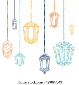 Ramadan Kareem theme. Vector card with flashlights. Hand drawn illustration with lamps. 