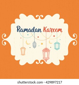 Ramadan Kareem theme. Vector card with flashlights, moon and lettering. Hand drawn illustration with lamps and crescent.