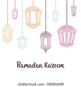 Ramadan Kareem theme. Vector card with flashlights and lettering. Hand drawn illustration with lamps.