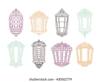 Ramadan Kareem theme. Vector card with flashlights. Hand drawn illustration with lamps.