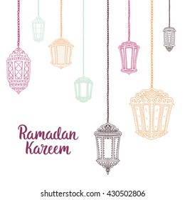 Ramadan Kareem theme. Vector card with flashlights and lettering. Hand drawn illustration with lamps.
