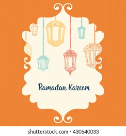 Ramadan Kareem theme. Vector card with flashlights and lettering. Hand drawn illustration with lamps.