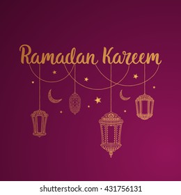 Ramadan Kareem theme. Vector card with flashlights, moon and lettering. Hand drawn illustration with lamps and crescent.