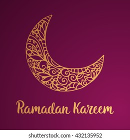 Ramadan Kareem theme. Vector card with moon and lettering. Hand drawn illustration with crescent.