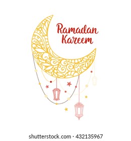 Ramadan Kareem theme. Vector card with flashlights, moon and lettering. Hand drawn illustration with lamps and crescent.