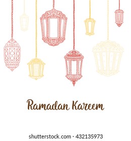 Ramadan Kareem theme. Vector card with flashlights and lettering. Hand drawn illustration with lamps.