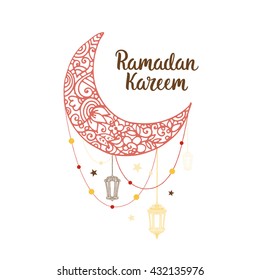 Ramadan Kareem theme. Vector card with flashlights, moon and lettering. Hand drawn illustration with lamps and crescent.