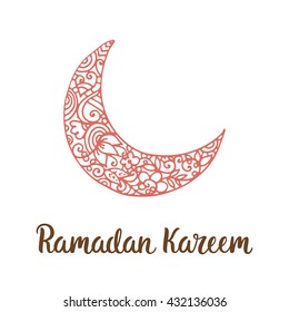 Ramadan Kareem theme. Vector card with moon and lettering. Hand drawn illustration with crescent.