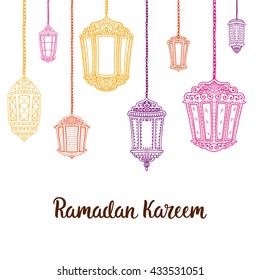 Ramadan Kareem theme. Vector card with flashlights and lettering. Hand drawn illustration with lamps.