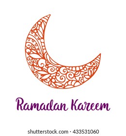 Ramadan Kareem theme. Vector card with moon and lettering. Hand drawn illustration with crescent.