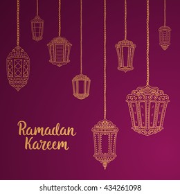 Ramadan Kareem theme. Vector card with flashlights and lettering. Hand drawn illustration with lamps.