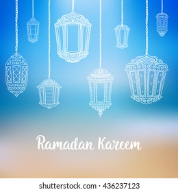 Ramadan Kareem theme. Vector card with flashlights and lettering. Hand drawn illustration with lamps.