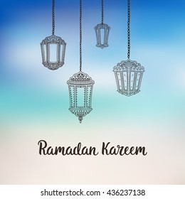 Ramadan Kareem theme. Vector card with flashlights and lettering. Hand drawn illustration with lamps.