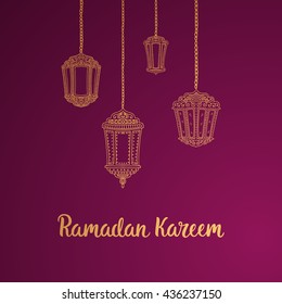 Ramadan Kareem theme. Vector card with flashlights and lettering. Hand drawn illustration with lamps.