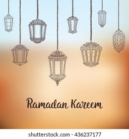 Ramadan Kareem theme. Vector card with flashlights and lettering. Hand drawn illustration with lamps.