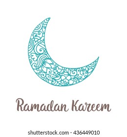 Ramadan Kareem theme. Vector card with moon and lettering. Hand drawn illustration with crescent.