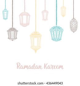 Ramadan Kareem theme. Vector card with flashlights and lettering. Hand drawn illustration with lamps.