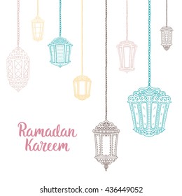 Ramadan Kareem theme. Vector card with flashlights and lettering. Hand drawn illustration with lamps.