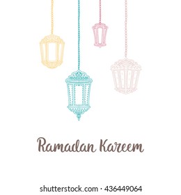 Ramadan Kareem theme. Vector card with flashlights and lettering. Hand drawn illustration with lamps.
