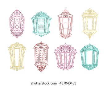 Ramadan Kareem theme. Vector card with flashlights. Hand drawn illustration with lamps.
