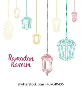 Ramadan Kareem theme. Vector card with flashlights and lettering. Hand drawn illustration with lamps.