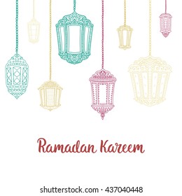 Ramadan Kareem theme. Vector card with flashlights and lettering. Hand drawn illustration with lamps.