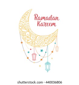 Ramadan Kareem theme. Vector card with flashlights, moon and lettering. Hand drawn illustration with lamps and crescent.