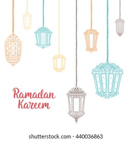 Ramadan Kareem theme. Vector card with flashlights and lettering. Hand drawn illustration with lamps.