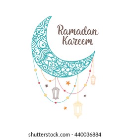 Ramadan Kareem theme. Vector card with flashlights, moon and lettering. Hand drawn illustration with lamps and crescent.