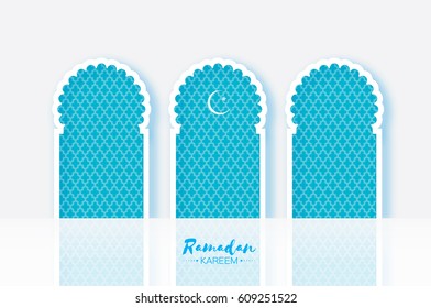 Ramadan Kareem. Three 3 Origami Mosque Window. Holy month. Paper cut gallery. Space for text
