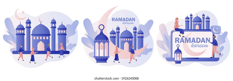 Ramadan Kareem. Tiny people greet each other Eid mubarak holiday. Holy Month, lantern for pray at night and mosque. Muslim Feast. Modern flat cartoon style. Vector illustration on white background