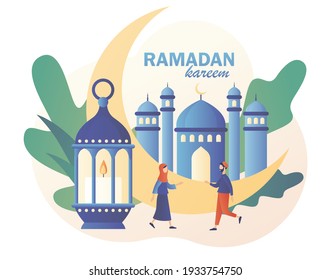 Ramadan Kareem. Tiny people greet each other Eid mubarak holiday. Muslim Feast. Holy Month, lantern for pray at night and mosque. Modern flat cartoon style. Vector illustration on white background