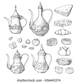 Ramadan Kareem. Traditional arabic halal food. Vector background. Islamic bakery and sweets. Oriental tea pitchers. Teapots. Isolated.