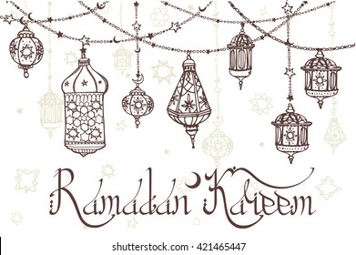 Ramadan Kareem Traditional lantern garland.Vector Doodle greeting card .Holy month of muslim community.