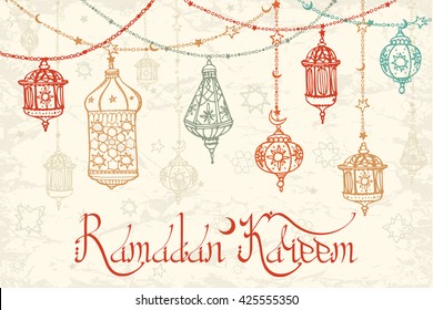 Ramadan Kareem tradicional lanterna guirlande.Vector Doodle cartão de saudação .Mês sagrado da comunidade muçulmana.Ramazan mão desenho pendurado lâmpada árabe, estrela, fundo da lua. Lettering Feriado