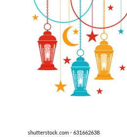 Ramadan Kareem. Trans-colored lanterns in oriental style hang on chains, asterisks, a crescent moon. Isolated on white background. Vector illustration