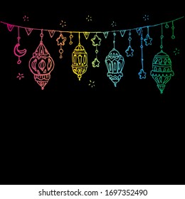 Ramadan kareem - translate as Islamic blessed month. Festive bunting, lamp and lantern, greeting card, banner for Muslim holiday. Middle Eastern garland vector illustration.