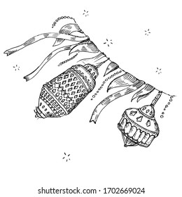 Ramadan Kareem (traducido como mes bendecido islámico). Lámpara colgante, linterna, amarre, garganta de cinta. Dibujo dibujado a mano, grabando banner islámico. Banderas y decoraciones Festival del Medio Oriente