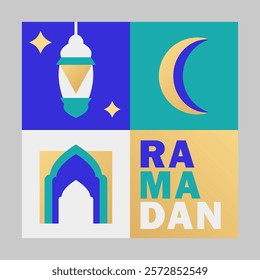 Ramadan Kareem trendy greeting card with geometric and Islamic motifs: crescent moon, Arabic lantern, mosque arch, stars, bold text. Square banner in flat style in blue, teal, white, golden colors