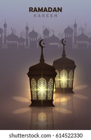 Ramadan Kareem. Two dark brown glowing lantern on the background of the mosque. Vector illustration.