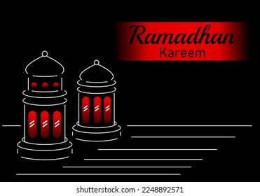 ramadan kareem two lanterns lined up on table, art line vector illustration, isolated on black background.