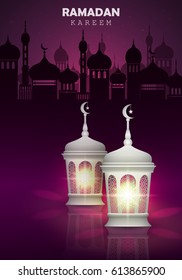 Ramadan Kareem. Two white glowing lantern on a dark purple background. Vector illustration.