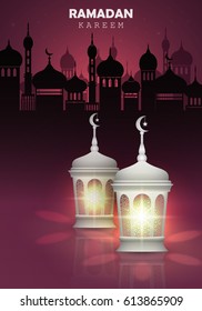 Ramadan Kareem. Two white glowing lantern on a dark pink background. Vector illustration.