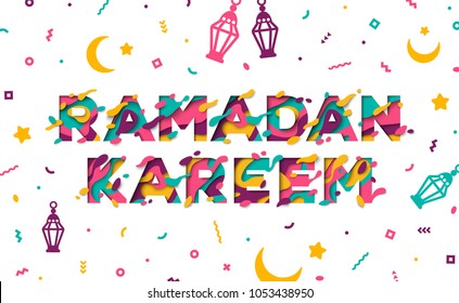 Ramadan Kareem typographic concept flyer with lanterns, moon and confetti. Vector Illustration. Typography design with abstract paper cut shapes on white background. Colorful 3D carving art.