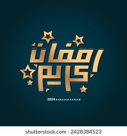 Ramadán Kareem Tipografía Caligrafía árabe texto sobre fondo azul con linternas estrella de la luna 3d look ilustración de stock
