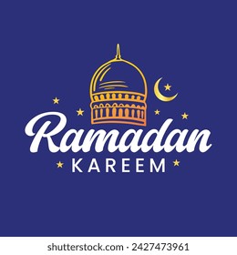Ramadán kareem tipografía ilustración vectorial tarjeta de felicitación diseño de letras de mano sobre fondo azul con una mezquita. Logo del festival religioso islámico Ramadán Mubarak, texto.