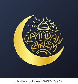 Ramadán kareem tipografía ilustración vectorial tarjeta de felicitación de diseño de letras de mano sobre fondo negro con una luna y mezquita. Logo del festival religioso islámico Ramadán Mubarak, texto.